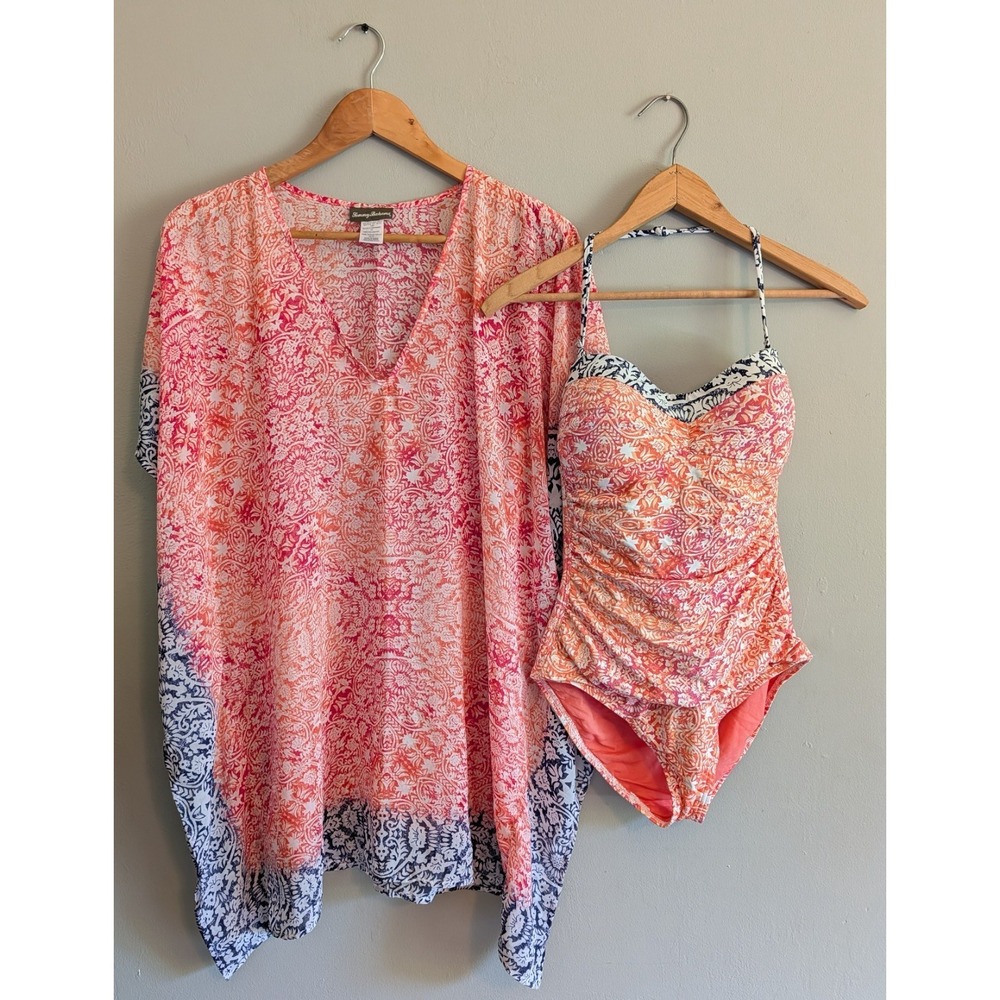 Tommy Bahama One Piece Swimsuit & Matching Coverup Tribal Coral Navy Slimming 4